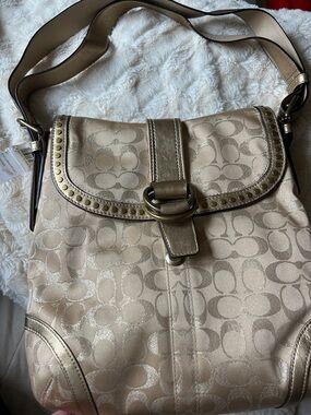 Coach Metallic Champagne Jacquard Shoulder Bag with Stud Trim